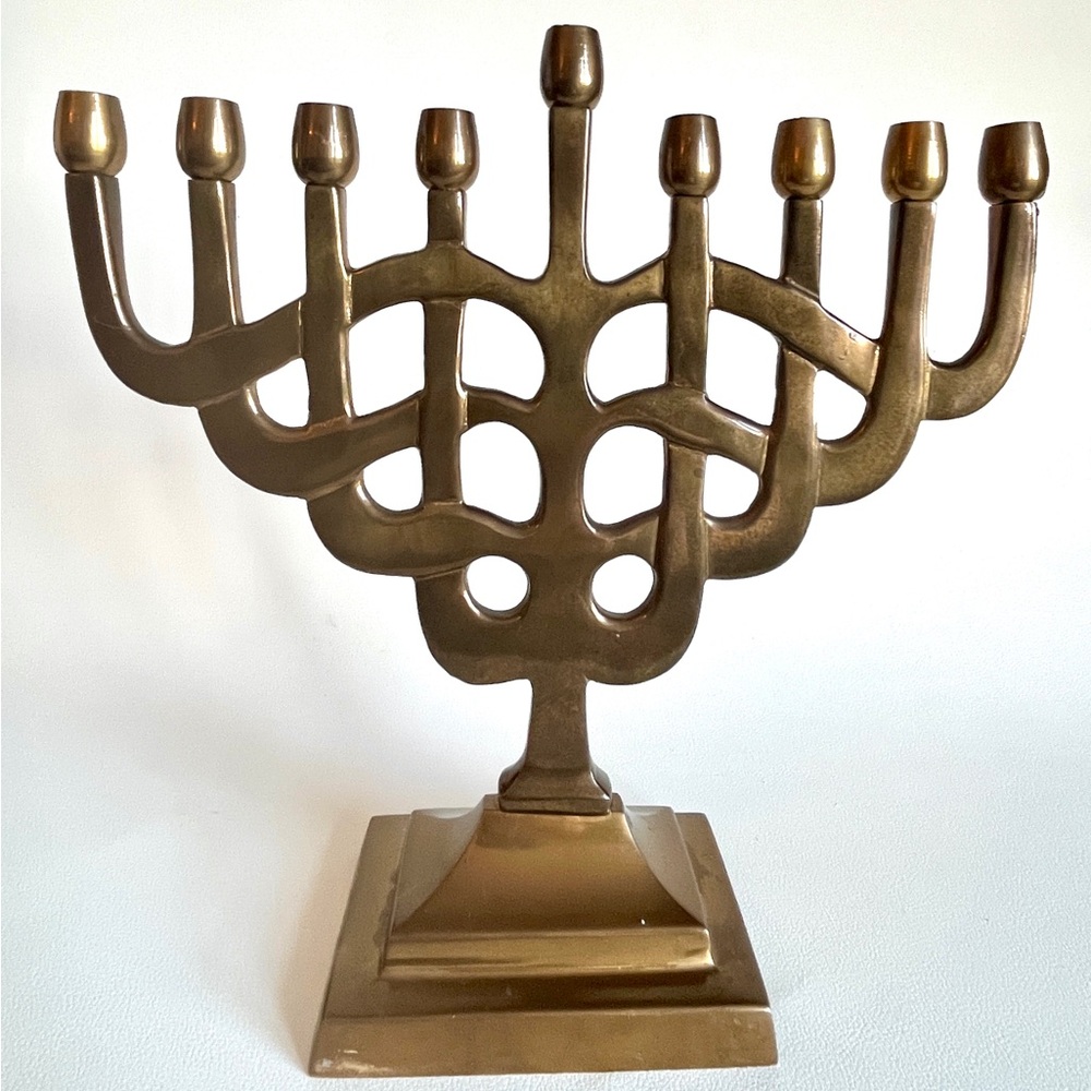 Vintage Brass Menorah Artist Signed Fred Hollinger MCM Brutalist Hanukkah Gift